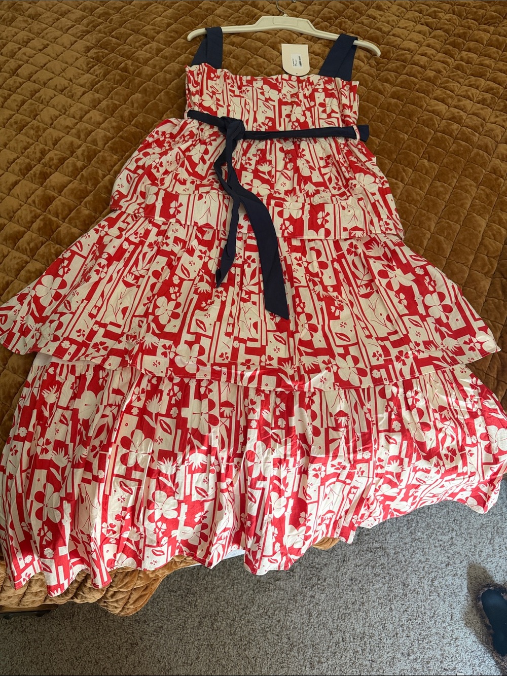Red and White Floral Tiered Skirt with Navy Waist Tie